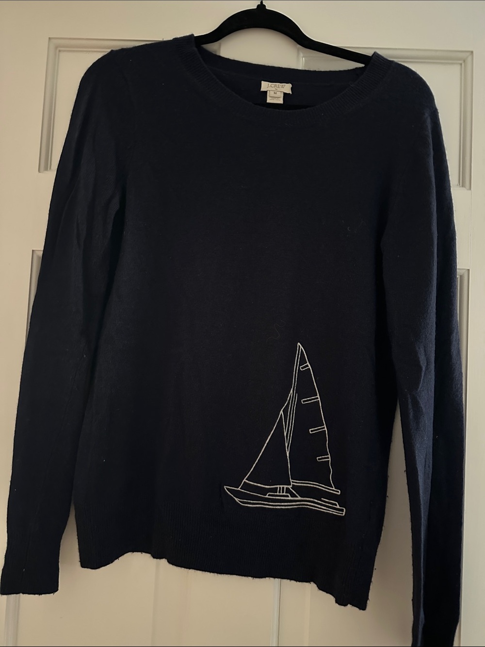 J. Crew Navy merino wool Crewneck Sweater with Sailboat Embroidery